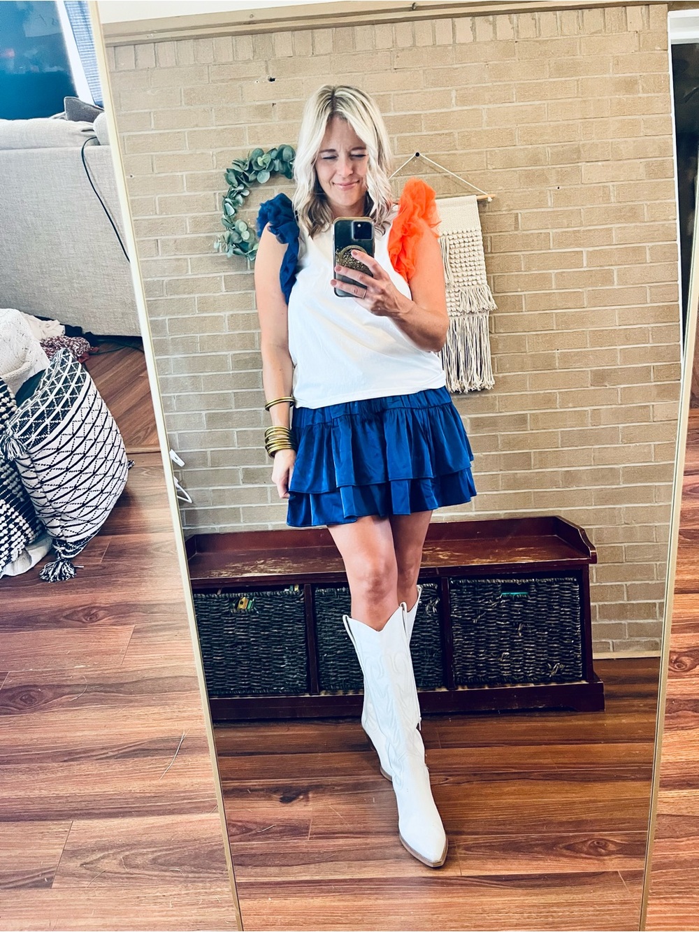 QUEEN OF SPARKLES White Top with Orange and Navy Ruffle Sleeves